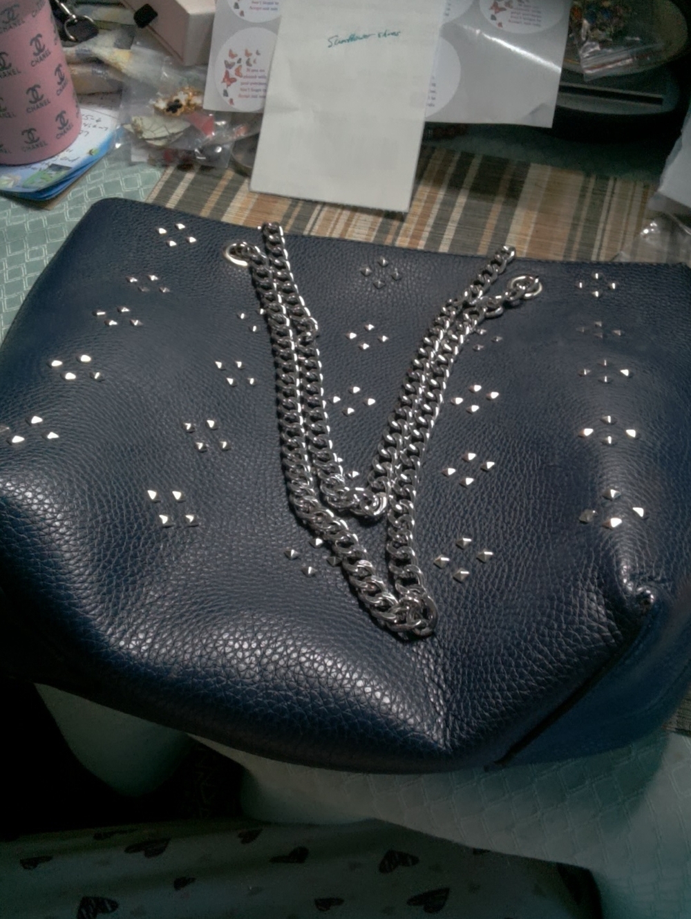 Studded Navy Leather Shoulder Bag with Silver Chain - Picture 1 of 4